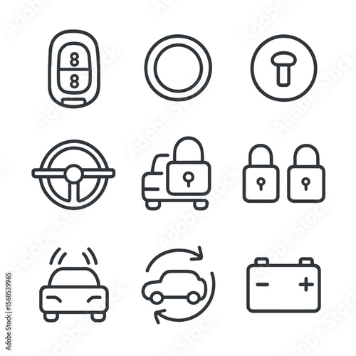 Vehicle Entry Icons. Outline icon set of vehicle entry and ignition systems: smart key, ignition button, keyhole, steering wheel