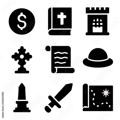 Historical Treasure Icons. Solid, filled icon set of historical treasure elements: old coin, ancient book, castle gate, relic,