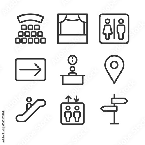 Venue Navigation Icons. Outline icon set of venue navigation: seating chart, stage, restroom sign, exit arrow, info booth, map pin