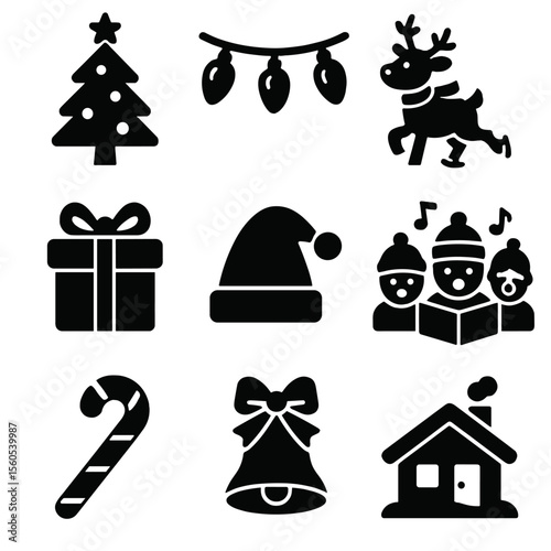 Holiday Icon Set. Solid, filled icon set of seasonal holiday fun: Christmas tree, holiday lights, skating reindeer, wrapped gift,