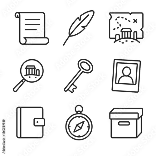 Historical Mystery Icons. Outline icon set of historical mystery documentaries: old parchment scroll, quill pen, ancient map,