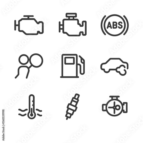 Vehicle System Icons. Outline icon set of vehicle systems monitored: engine control, transmission, ABS, airbag system, fuel system