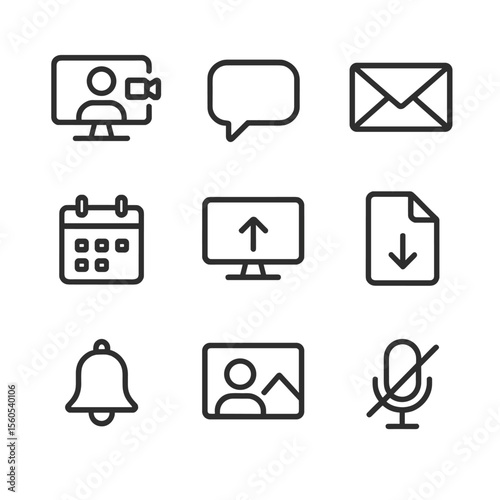 Virtual Communication Icons. Outline icon set of virtual communication: video call, chat bubble, email, calendar invite, screen