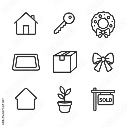 Home Icon Set. Outline icon set of new home congratulations: house silhouette, key, door wreath, welcome mat, moving box, ribbon