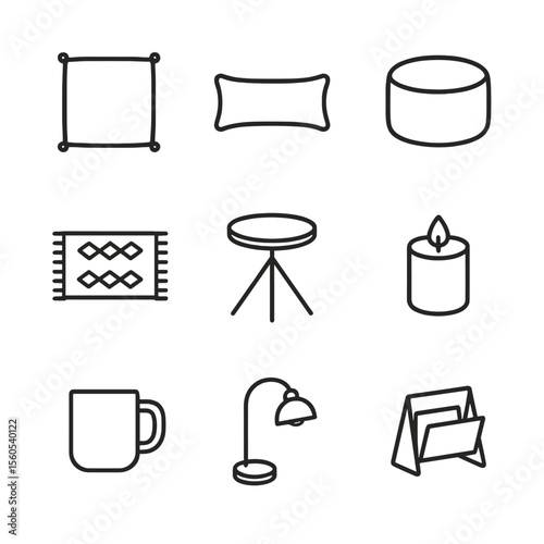 Home Decor Icons. Outline icon set of complementary accessories with throws: decorative pillow, lumbar cushion, floor pouf, area