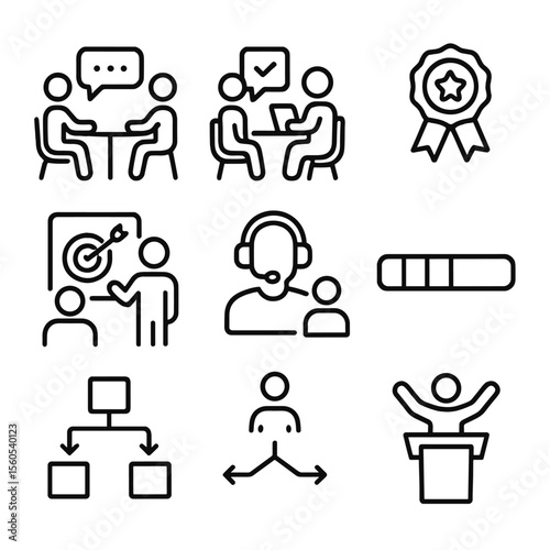 Virtual Leadership Icons. Outline icon set of virtual leadership activities: one-on-one meeting, performance review, recognition