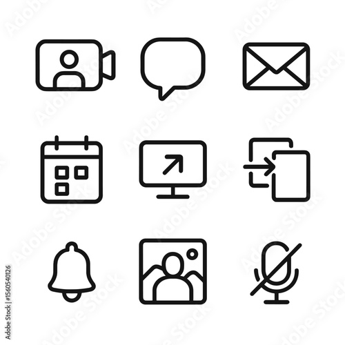 Virtual Communication Icons. Outline icon set of virtual communication: video call, chat bubble, email, calendar invite, screen