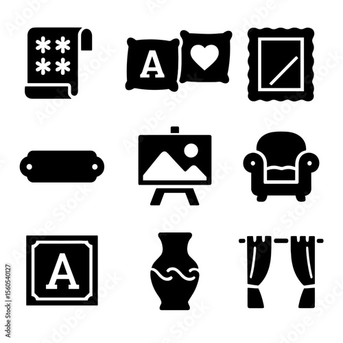 Home Decor Icons. Solid, filled icon set of personalized home decor: custom wallpaper, personalized cushions, engraved frame,