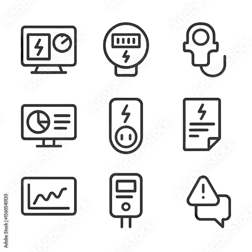Home Energy Icon Set. Outline icon set of home energy monitoring tools: energy monitor display, smart meter, submeter clamp, usage