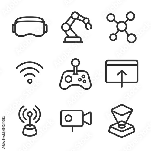 Virtual Reality Icons. Outline icon set of virtual reality remote experiments: VR headset, robotic arm, 3D molecule, network