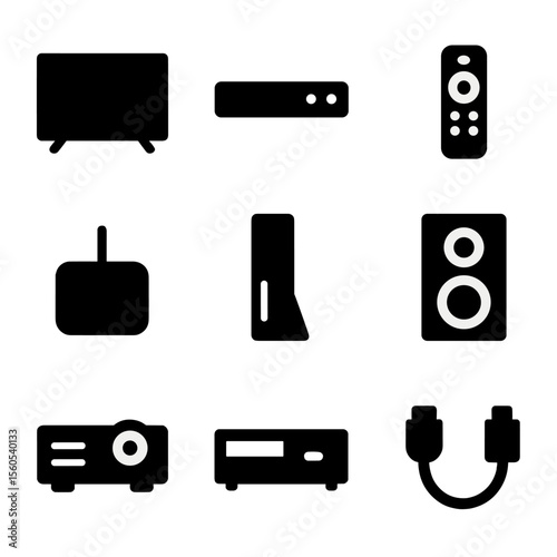 Home Entertainment Icons. Solid, filled icon set of home entertainment setup: flat-screen TV, soundbar, remote control, streaming