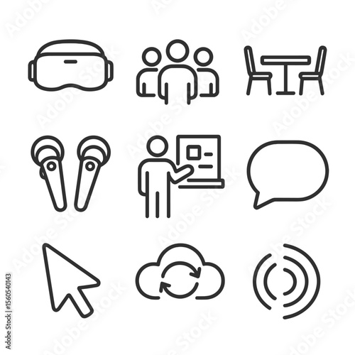 Virtual Reality Icons. Outline icon set of virtual reality team meeting: VR headset, avatar group, shared workspace table, motion