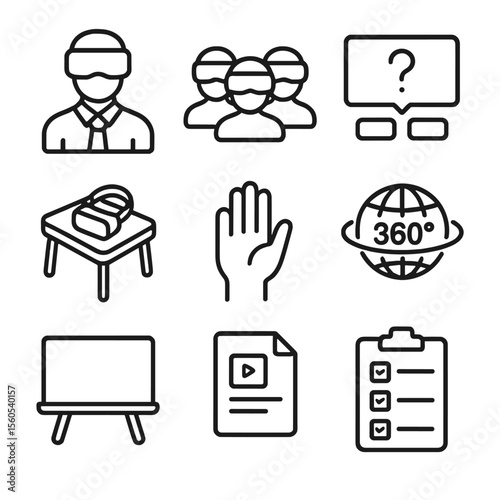 Virtual Reality Classroom Icons. Outline icon set of virtual reality classroom collaboration: teacher avatar, student avatars, VR