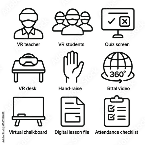 Virtual Reality Classroom Icons. Outline icon set of virtual reality classroom collaboration: teacher avatar, student avatars, VR