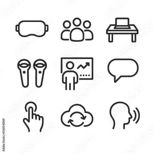 Virtual Reality Icons. Outline icon set of virtual reality team meeting: VR headset, avatar group, shared workspace table, motion