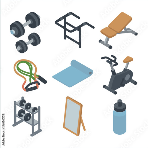Home Gym Essentials. Isometric Flat icon set of home gym setup: adjustable dumbbells, pull-up bar, exercise bench, resistance