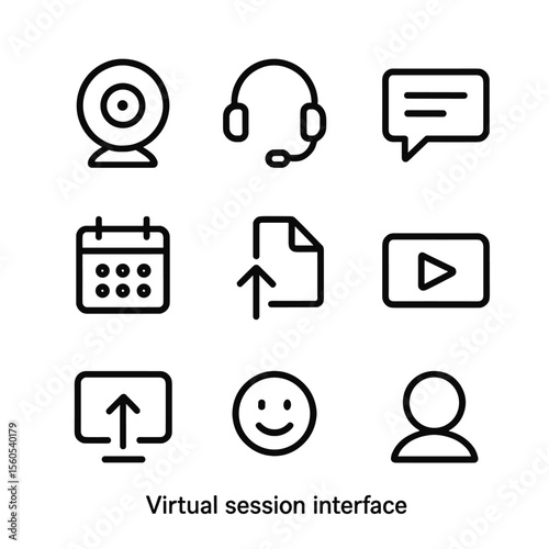 Virtual Session Icons. Outline icon set of virtual session interface: webcam, headset, chat bubble, calendar, document share,