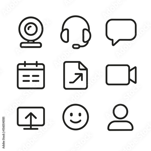 Virtual Session Icons. Outline icon set of virtual session interface: webcam, headset, chat bubble, calendar, document share,