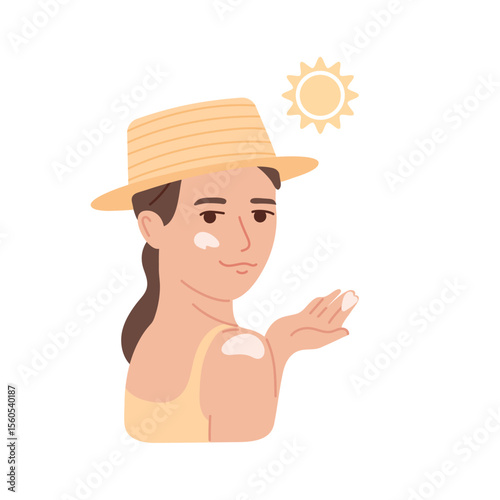 Girl in hat apply sunscreen cream. Sun protection concept for summer safety. Skin care and health problems. Flat vector illustration
