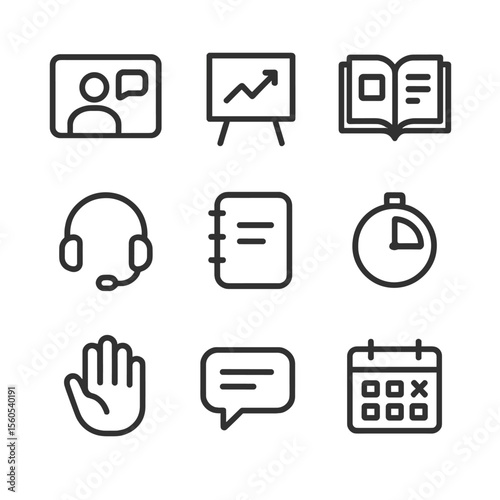 Virtual Study Icons. Outline icon set of virtual study session essentials: video chat window, shared whiteboard, digital textbook,