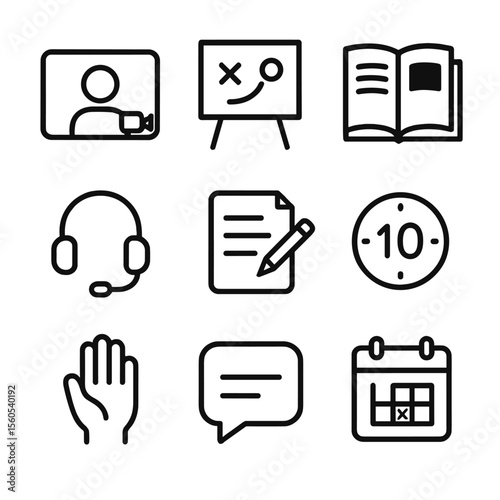 Virtual Study Icons. Outline icon set of virtual study session essentials: video chat window, shared whiteboard, digital textbook,