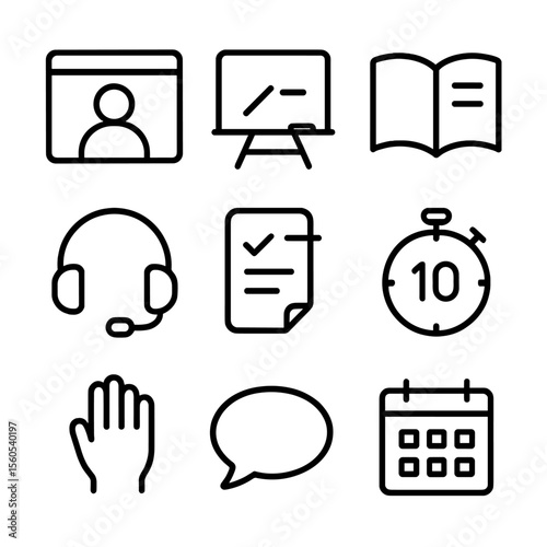Virtual Study Icons. Outline icon set of virtual study session essentials: video chat window, shared whiteboard, digital textbook,