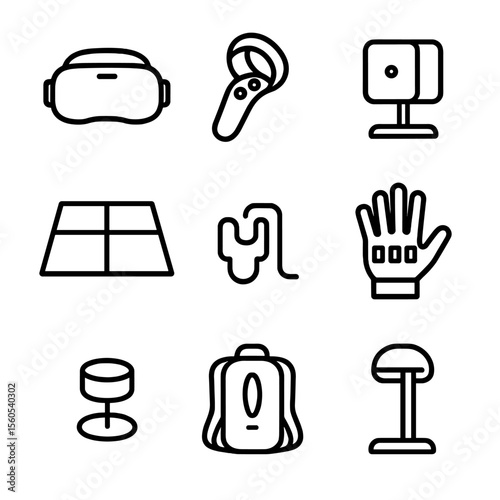 VR Gaming Setup Icons. Outline icon set of VR gaming setup: VR headset, motion controller, base station sensor, play area mat,