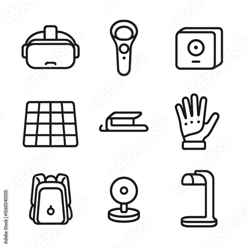 VR Gaming Setup Icons. Outline icon set of VR gaming setup: VR headset, motion controller, base station sensor, play area mat,