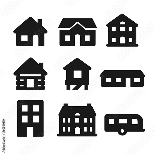 House Icons Grid. Solid, filled icon set of house front views: suburban home, duplex, villa, cabin, tiny house, ranch house,