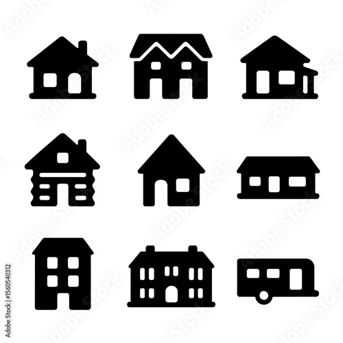 House Icons Grid. Solid, filled icon set of house front views: suburban home, duplex, villa, cabin, tiny house, ranch house,