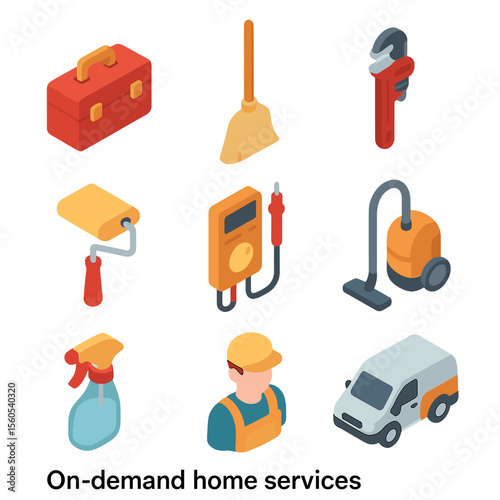 Home Services Icon Set. Isometric Flat icon set of On-Demand Home Services: toolbox, broom, plumber wrench, paint roller,
