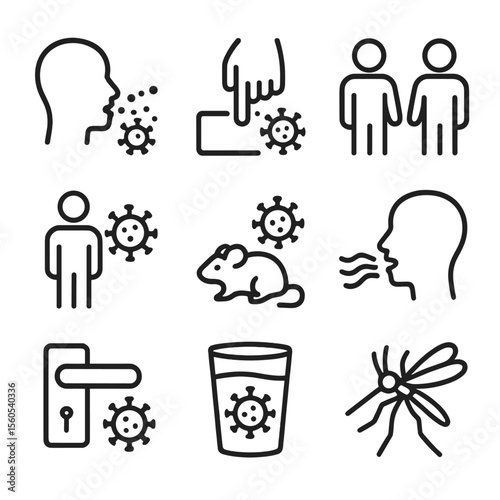 Virus Transmission Icons. Outline icon set of virus transmission modes: airborne droplet, surface touch, close contact,