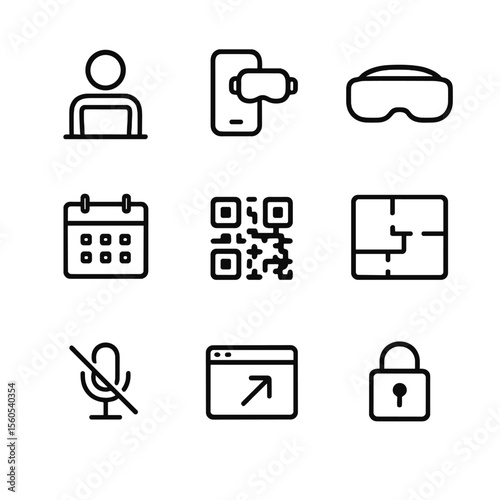 VR Meeting Icons. Outline icon set of cross-platform VR meeting setup: PC user icon, mobile VR headset, standalone headset,