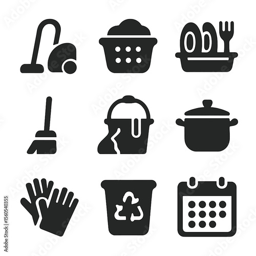 Household Chores Icons. Solid, filled icon set of shared home chores: vacuum cleaner, laundry basket, dish rack, broom, mop bucket