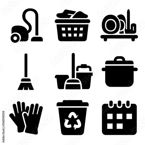 Household Chores Icons. Solid, filled icon set of shared home chores: vacuum cleaner, laundry basket, dish rack, broom, mop bucket
