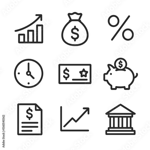 Wage Growth Icon Set. Outline icon set of wage growth and compensation trends: rising bar chart, money bag, percentage sign, clock
