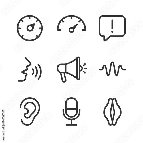 Voice Attribute Icons. Outline icon set of tone of voice attributes: volume control knob, pitch dial, speech bubble with