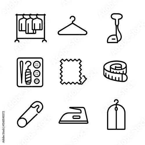 Wardrobe Care Icons. Outline icon set of wardrobe and garment care: clothing rack, hanger, garment steamer, sewing kit, fabric