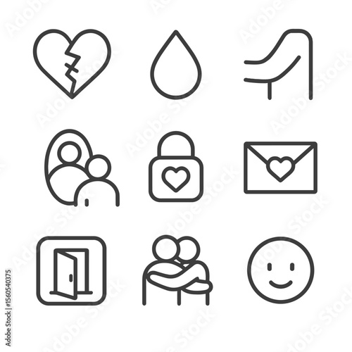 Vulnerability Icon Set. Outline icon set of expressing vulnerability: broken-and-mended heart, tear drop, comforting arm, empathy