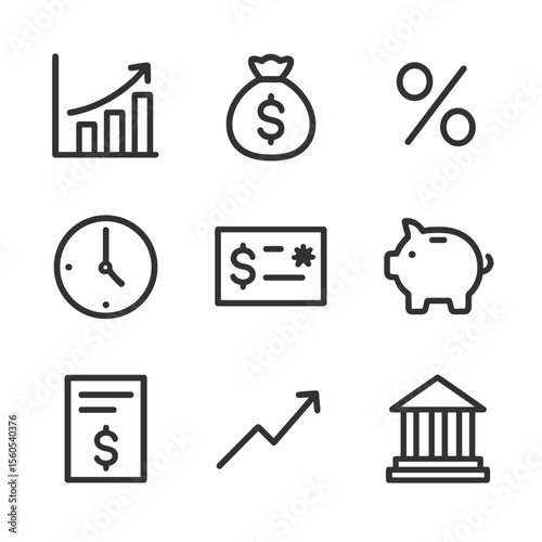 Wage Growth Icon Set. Outline icon set of wage growth and compensation trends: rising bar chart, money bag, percentage sign, clock