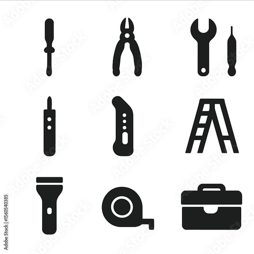 Household Tools Icons. Solid, filled icon set of common household tools: screwdriver, pliers, wrench, voltage tester, utility
