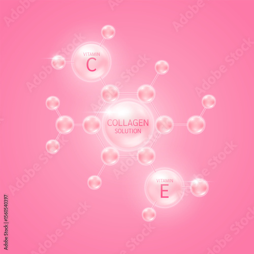 Collagen solution and vitamin C, E in molecules atom pink. For design cosmetics products. Vitamins complex from nature. Medical health care skin protection. 3D Vector EPS10.