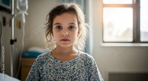 A young girl, serene yet pensive, gazes directly at the camera. Shes in a hospital room, bathed in soft light from a nearby window. Her floral gown and calm demeanor create a poignant image.