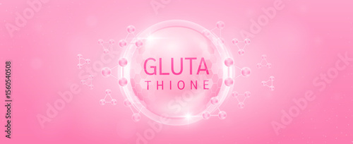 Glutathione solution in transparent hexagonal dome with surrounding molecules atom collagen pink. Banner for cosmetic products ads. Medical health care skin protection. Vector.