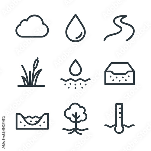 Water Cycle Icons. Outline icon set of natural water cycle and ecosystems: cloud, raindrop, river stream, wetland reed,