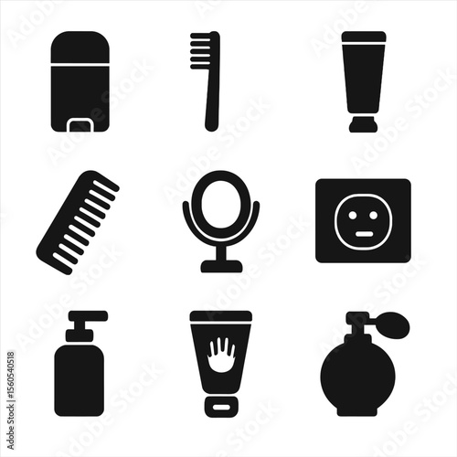Hygiene Icons Grid. Solid, filled icon set of hygiene and self-care items: deodorant, toothbrush, toothpaste, comb, mirror, face