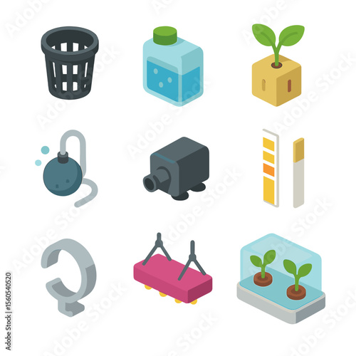 Hydroponics Icon Set. Isometric Flat icon set of hydroponic cutting propagation: hydroponic net pot, nutrient solution reservoir,