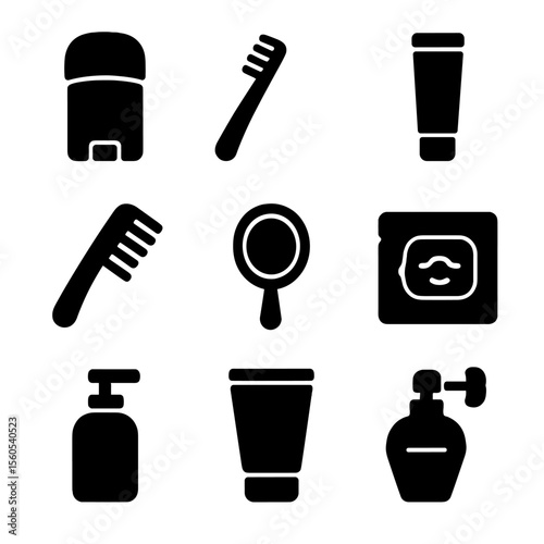 Hygiene Icons Grid. Solid, filled icon set of hygiene and self-care items: deodorant, toothbrush, toothpaste, comb, mirror, face