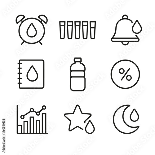 Water Intake Icons. Outline icon set of daily water intake tracking: hourly alarm droplet, 8-glasses progress bar, refill reminder
