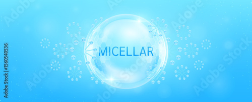 Micellar water in transparent hexagonal dome with surrounding molecules atom blue. Banner for cosmetic products ads. Facial cleanser, surfactant solution. Medical health care skin. Vector.